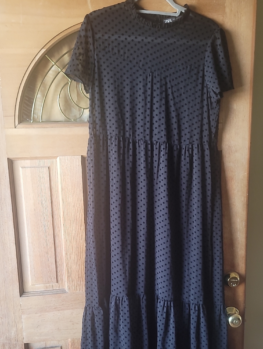 Zara Boho Sheer Lined Single Button Closure Polka Dot  Tiered Maxi Dress SZ L
